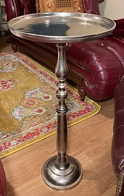 Tall Silver Side Table Round Tray Top Elegant Candlestick Base 30 H X 15.5 D • $60