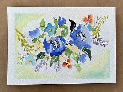 ACEO Orig Artist Watercolor Painting Blue Flowers On French Cotton Paper OOAK • £6.75