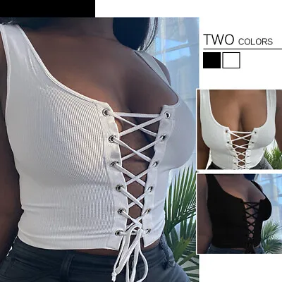 £12.59 • Buy Women Sexy Bandage Tank Crop Top Hollow Lace Up Low Cut U-Neck Camisole Vest