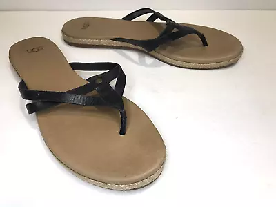 Ugg Flip Flops Women 10 Black Leather Thong Slip On Espadrille Sandals Annice • $25.95