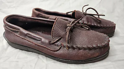 Minnetonka Moccasin Moosehide Classic Loafer Mens 9 Brown Leather Round Moc Toe • $39.95