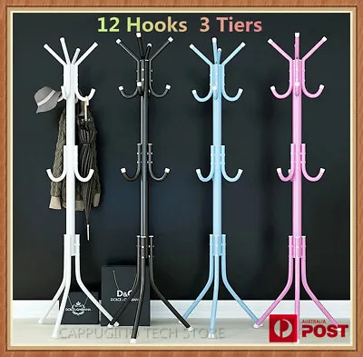 $20.95 • Buy 12 Hook 3-Tier Hat Coat Clothes Rack Umbrella Stand Tree Style Steel Hanger New