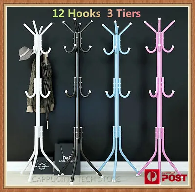 12 Hook 3-Tier Hat Coat Clothes Rack Umbrella Stand Tree Style Steel Hanger New • $20.92