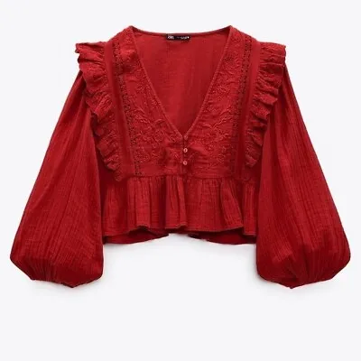 $55 • Buy NWT ZARA EMBROIDERED EYELET TOP WITH RUFFLES RED BLOGGERS FAV Oversized XS