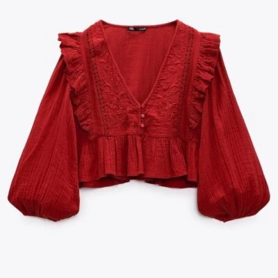 $55 • Buy NWT ZARA EMBROIDERED EYELET TOP WITH RUFFLES RED BLOGGERS FAV Oversized XS