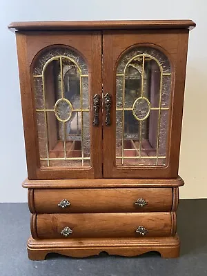 Vintage 2-door 2-drawer Wooden Jewelry Box Armoir Chest Dresser Organizer 15”h • $39.99