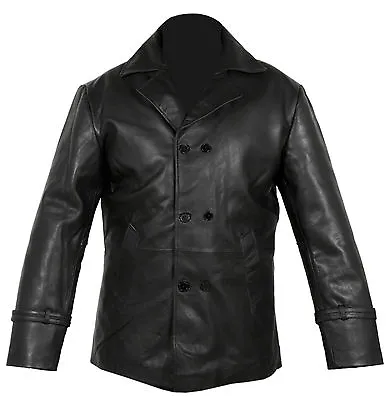 Vintage Mens Black Cow Hide Real Leather Pea Coat Jacket • $151.19