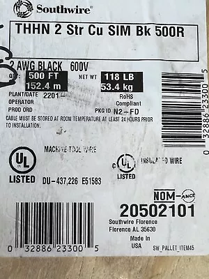 100' SOUTHWIRE 20502101 Building Wire2AWGTHHNStrBlack • $175