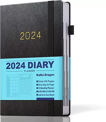 2024 Diary Day To Page Academic A5 Planner Black Hardback Faux Leather Cover • £6