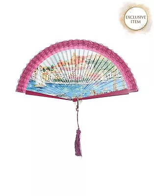 RRP€410 DOLCE & GABBANA Ibiza Hand Fan Lace Trim Tassels Printed Front • $13.90