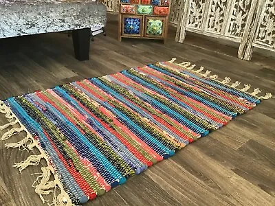 Rug Rag Rugs Multi Colour Mat Recycled Cotton Hand Woven Chindi Mats Rainbow • £10