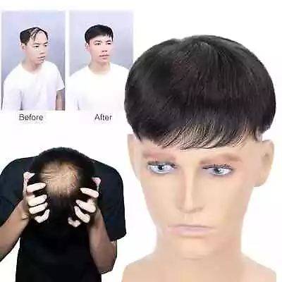 Men Toupee Natural Black Toupee Silk Base Male Wigs Hairpiece Human Hair System • $149.77