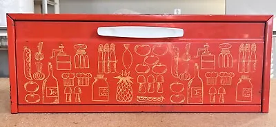 Vintage Bread Box Orange Metal 70's Mod Mushrooms Store Bin Removable Drop Front • $49