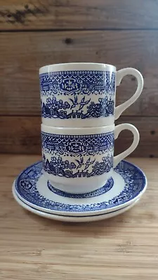 Blue Willow Cups And Saucer Set. Oriental Made In USA. Birds. Pottery Ceramic • $25