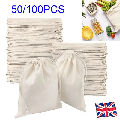 Calico Drawstring Storage Sack Bags Natural Cotton Bulk Linen Tote Food Gift Bag • £11.07