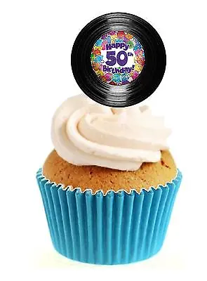 Novelty Vinyl Inspired 50th Birthday 12 Edible Stand Up Wafer Paper Cake Topper • £3.29