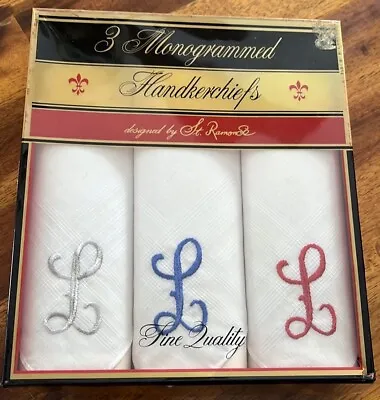 Vintage 3 Mens ‘L’ Monogram Hankerchiefs~Hankies~Hanky St. RamonSe~NIB • $14.99