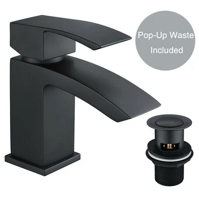 £22.79 • Buy Black Square Waterfall Cloakroom Basin Mixer Tap Sink Mono Bathroom & Waste Set