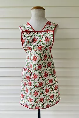 Vintage 1950s Full Bib Apron Red Roses Pocket Handmade Retro MCM Cottage Garden • $22