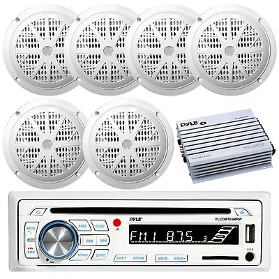 Pyle 1DIN Marine Boat Bluetooth USB Input CD Radio 6x White 6.5  Speakers Amp • $192.99