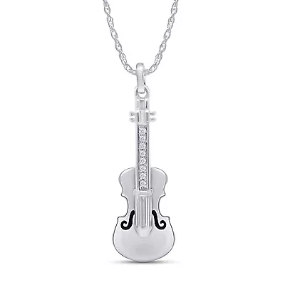 Violin Pendant Necklace 925 Sterling Silver Round Cut Cubic Zirconia 18  Chain • $45.99