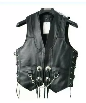 Men's Black Leather Fringed Concho Chain Vest Motorcycle Biker S To 5XL New • $81.99