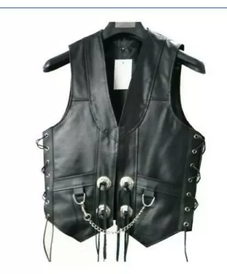 Mens Black Original Cow Leather Vest Chain Concho Motorcycle Biker Waistcoat New • $62.31
