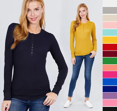 Women's Cozy Thermal Henley Shirt Top Stretch Cotton Long Sleeve Pullover Basic • $7.99