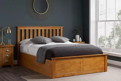 Wooden Storage Bed Natural Oak 4ft6 5ft Ottoman Bed With Stylish Headboard • £557.99