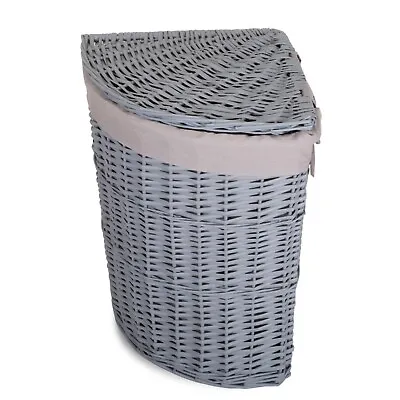 Lidded Grey Wicker Corner Linen Storage Laundry Basket With Cotton Liner • £35.99