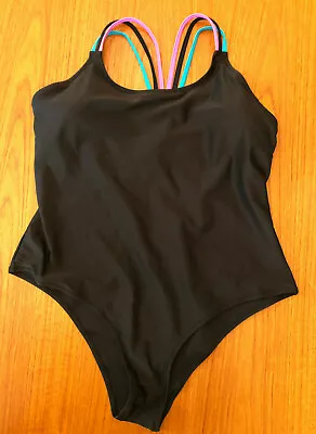 Women's Black One Piece Swimsuit Neon Spaghetti T-Back Straps Size XL • $13.95