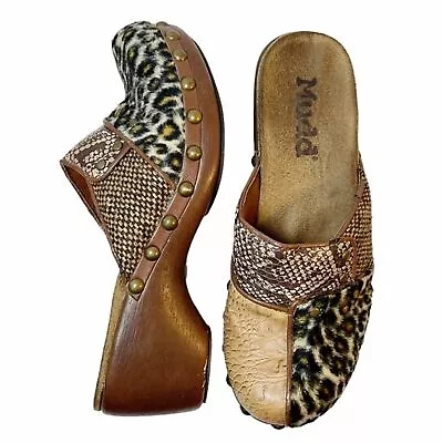 Mudd Shoes Vintage Y2K Mixed Animal Print Mule Brown Wooden Clog Womens Size 7.5 • $40