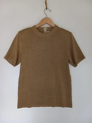 Vintage Draper's & Damon's Top Shirt S Small Gold Sparkle Short Sleeve Zips • $8.49