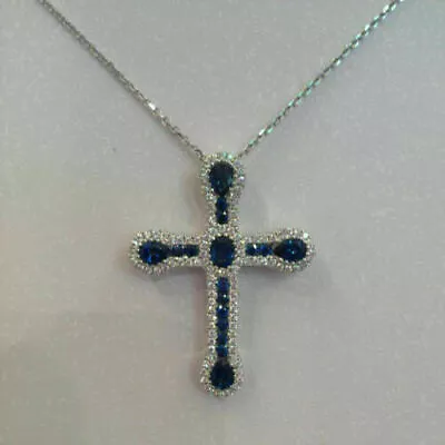 2.20Ct Oval Blue Sapphire Diamond Cross Pendent 14K White Gold Finish Free Chain • $138.22