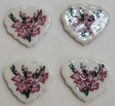 VINTAGE ~ Ceramic Heart Shape Buttons With Purple Flower ~ Lot/4 - 1  Diameter • $6.11