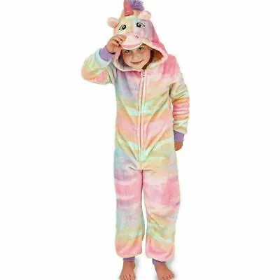 Girls 1Onesie Onesey Pyjamas All In One Fleece Hooded Jumpsuit Playsuit Unicorn • £7.99