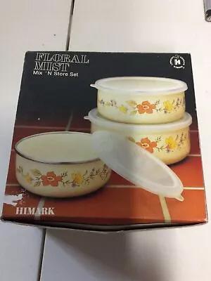 New Set Of 3 Vintage Himark Enamel Metal Nesting Floral Mist Mix & Store Bowls • $49.95