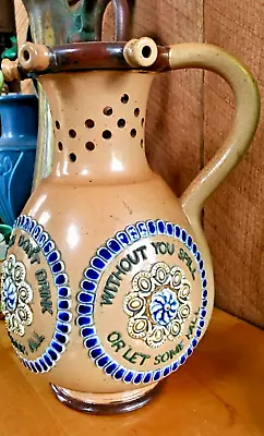 Antique Doulton Lambeth SALTGLAZE STONEWARE MOTTO PUZZLE JUG 9  • $250