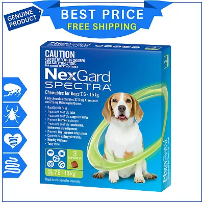 NEXGARD SPECTRA For Dogs 7.6 To 15 Kg GREEN 3 Chews Flea Tick Heartworm Control • $70.99