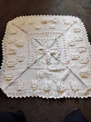 £25 • Buy HAND KNITTED  BABIES SHAWL  WHITE With Pink Ribon 
