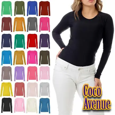 Ladies Round Neck Top Long Sleeve T-Shirt Stretchy Jersey Plain Basic Casual Top • £10.39