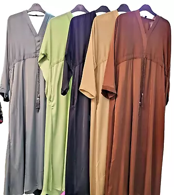 Dubai StringAbaya Long Sleeve Maxi Dress Robe Caftan Kaftan Muslim Women Islamic • £29.99