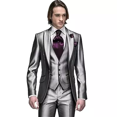 Shiny Silver Grey Groom Tuxedos Men Wedding Suit Best Man(Jacket+Pants+Vest+Tie) • $177.80