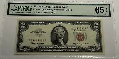 1963 Pmg 65 Epq $2 Red Seal Legal Tender Note Aa Block Granahan Dillon Fr #1513 • $49.95