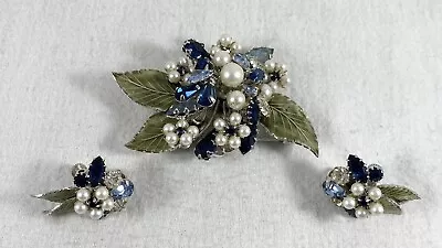 Vintage Vendome Prong Set Rhinestone Faux Pearl Brooch & Clip Earrings • $103.50