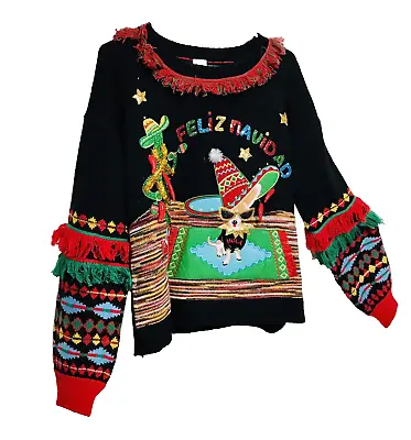 Mexican Ugly Christmas Sweater Feliz Navidad Hot Peppers Chihauhau Cactus Sequin • $28