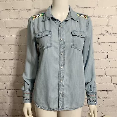 Miss Me Women’s Denim Collar Shirt S Blue Embroidered Accent Pearl Snap L/S • $26.98