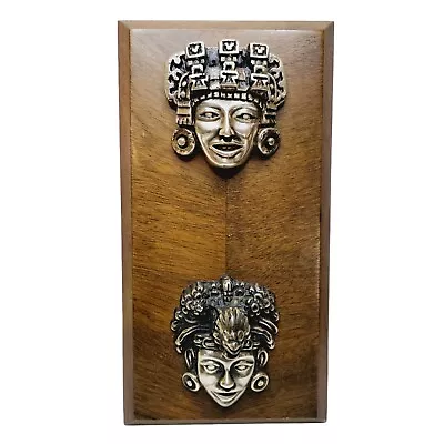Vintage Mayan Silver Plate Gods Sculptural Wall Plaque Smiling Faces Teotihuacan • $179.99