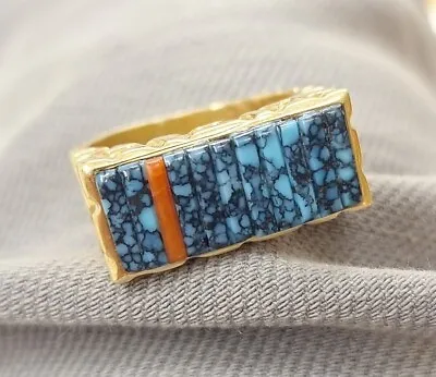 Vtg 14k Gold Old Pawn Charles Loloma Style Hopi Ring Spiderweb Turquoise Coral  • $3495