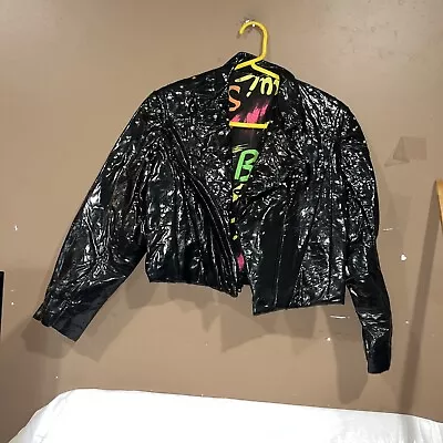 Vintage Latex Cropped  Jacket Black Metal Beads Neon Inside Size S • $29.95